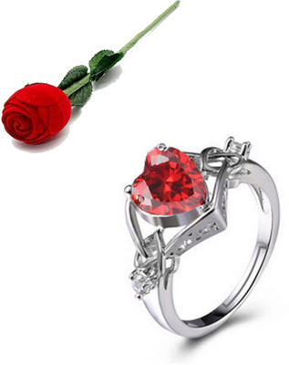 MYKI Valentine Red Heart Adjustable Ring for Women & Girls with Rose box packing Stainless Steel Cubic Zirconia Silver Plated Ring