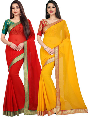 Anand Sarees Solid/Plain Bollywood Chiffon Saree(Pack of 2, Red)