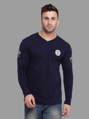 Money Leaf Solid Men V Neck Dark Blue T-Shirt