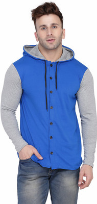 Lawful Casual Solid Men Hooded Neck Blue, Grey T-Shirt