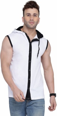 GEUM Solid Men Hooded Neck White T-Shirt