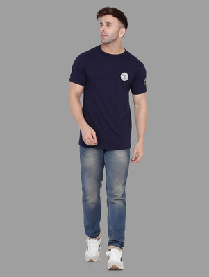 Money Leaf Solid Men Round Neck Dark Blue T-Shirt