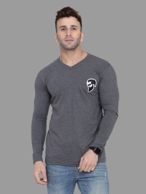 Money Leaf Solid Men V Neck Grey T-Shirt