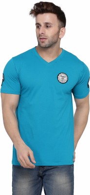 GEUM Solid Men V Neck Blue T-Shirt