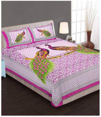 Durga Vishnu Traders 220 TC Cotton Double Jaipuri Prints Flat Bedsheet(Pack of 1, Pink)