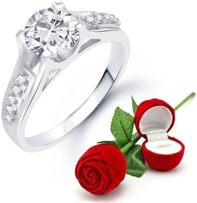 SUKAI JEWELS Single Solitaire Ring with Rose Ring Box for Women and Girls Brass, Alloy Cubic Zirconia Rhodium Plated Ring
