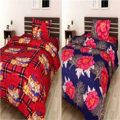 Decor Home Readiness 140 TC Polycotton Single Printed Flat Bedsheet(Pack of 2, Red)