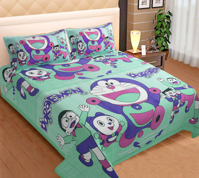 E ELMA Cotton Double Flat 250 TC Printed Bedsheet(Pack of 1, Green)