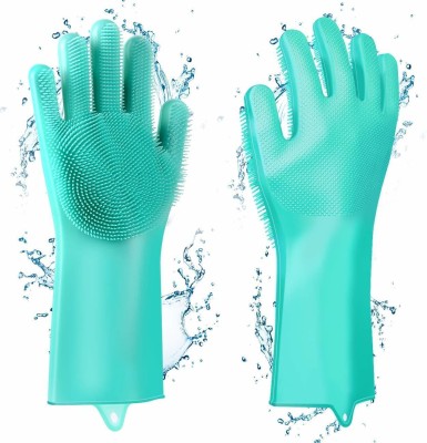 Nea Silicone Scrubbing Gloves, Non-Slip, Dishwashing and Pet Grooming, Magic Latex Gloves for Household Cleaning Great for Protecting Hands in Dishwashing (Green)(1 Pair) Wet and Dry Glove(Free Size)