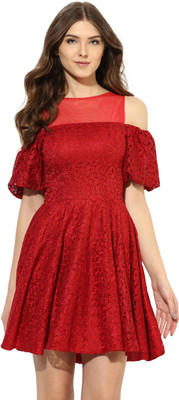 KLEIO Women Skater Red Above Knee/Mid Thigh Length Dress