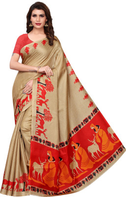 MISILY Self Design Kalamkari Cotton Blend, Poly Silk Saree(Beige)