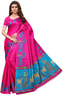 MISILY Self Design Kalamkari Cotton Blend, Poly Silk Saree(Pink)