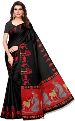 MISILY Self Design Kalamkari Cotton Blend, Poly Silk Saree(Black)