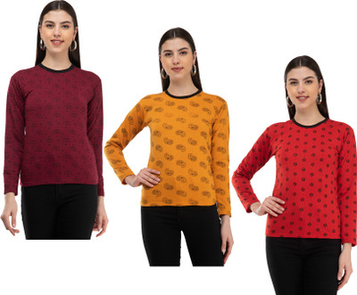 IndiWeaves Printed Women Round Neck Multicolor T-Shirt