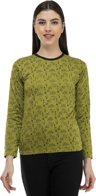 IndiWeaves Printed Women Round Neck Green T-Shirt