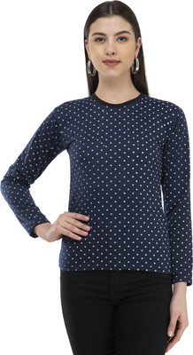 Indistar Printed Women Round Neck Dark Blue T-Shirt