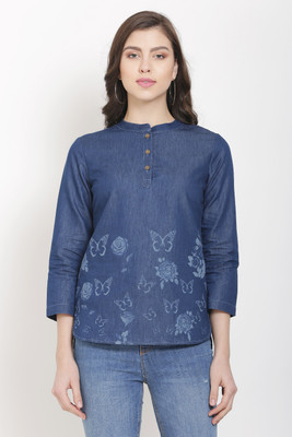 Avyanna Casual 3/4 Sleeve Printed Women Dark Blue Top