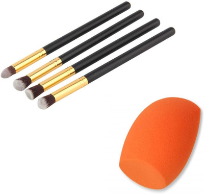 SKINPLUS 4 MAKEUP BRUSH PENCIL BLACK WITH 1 SPONGE PUFF(5 Items in the set)