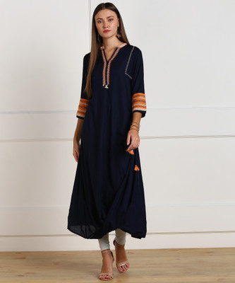 W Women Embroidered A-line Kurta(Dark Blue)