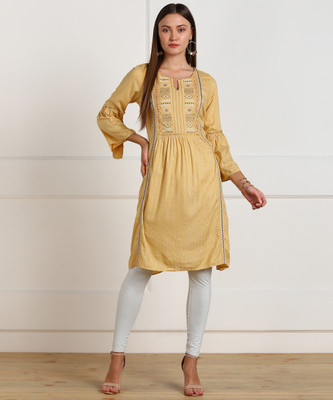 W Women Embroidered A-line Kurta(Yellow)