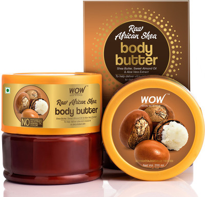 WOW SKIN SCIENCE Raw African Shea Body Butter for Ultra Rich Moisturising enriched with Shea Butter, Sweet Alomond, & Aloe Vera Extract- No Parabens, Silicones, Mineral Oil & Color - 200mL(200 ml)