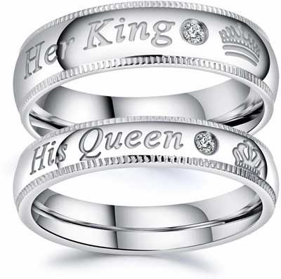 MEENAZ Stainless Steel Cubic Zirconia, Diamond Silver Plated Ring Set