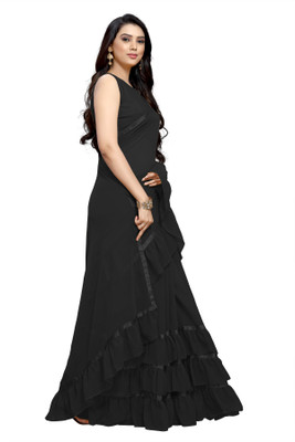 ASTEYAM Solid/Plain Bollywood Georgette Saree(Black)