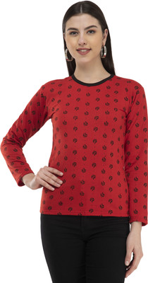 IndiWeaves Printed Women Round Neck Red T-Shirt