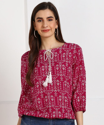 People Casual 3/4 Sleeve Printed Women Pink Top