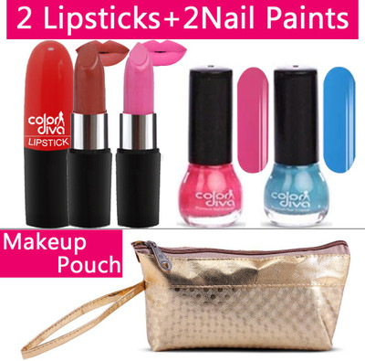adbeni 2 Lipstick & Nail Paint With Golden Makeup Pouch Set of 5, GC-539(5 Items in the set)