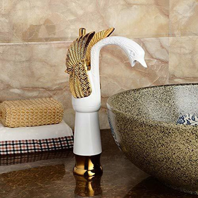 InArt Luxury Swan Shape Brass Tall Body High Neck Basin Sink Faucet Bathroom Single Hole Basin Mixer/Hot & Cold Wash Basin Mixer/Basin Tap Gold White Swan Faucet Single Hole Basin Mixer/Hot & Cold Wash Basin Mixer/Basin Tap Gold White Basin Mixer Faucet(Deck Mount Installation Type)
