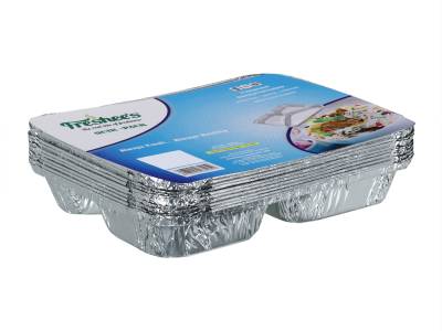 Freshee 3 Compartment Aluminiun Foil Container 10 Pieces| 61 Micron Thik| Premium Quality Disposable Food Serving Dishes Dinner Plate