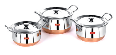 Sumeet Stainless Steel with Copper Bottom Cook and Serve Essential Handi with Lid - Set of 3 Pcs (1.1 LTR, 1.6 LTR, 2.1 LTR) Handi 2.1 L with Lid(Stainless Steel)
