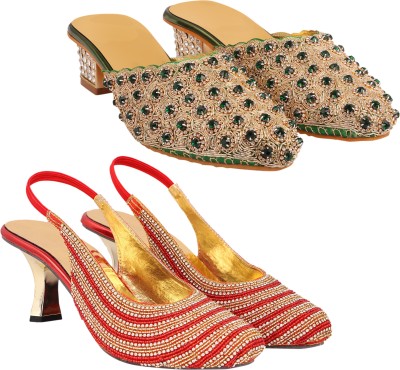 Zionk Women Heels(Gold, Green, Red , 6)