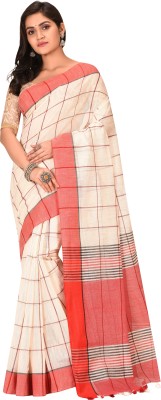 Dutta Boutique Checkered Handloom Silk Blend, Cotton Blend Saree(Red, White)