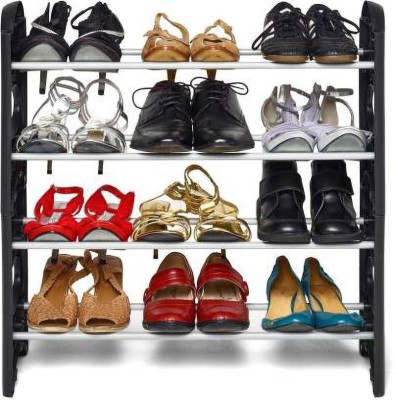 Abasr  Foldable Shoe Rack l 4 Shelves Cabinet (Steel Rod) Metal Collapsible Shoe Stand(Black, White, 4 Shelves)