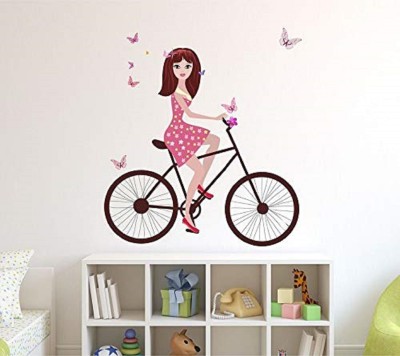 Asmi Collections 80 cm Cute Girl on Cycle Butterfly Self Adhesive Sticker(Pack of 1)