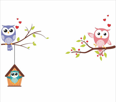 Asmi Collections 250 cm Cute Loving Owls Family House on a Tree Self Adhesive Sticker(Pack of 1)