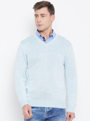 DUKE Solid V Neck Casual Men Blue Sweater