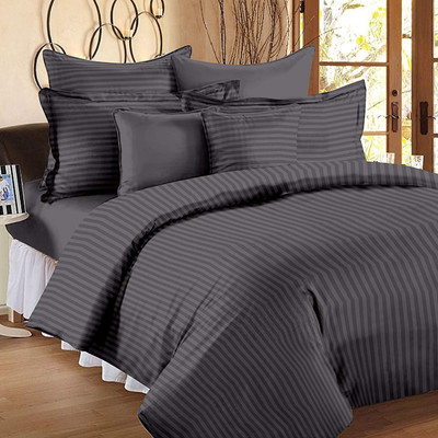 PVB 210 TC Satin Double Striped Flat Bedsheet(Pack of 1, Grey)