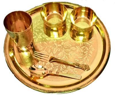M&V CRAFT PURE Pack of 6 Brass M&V CRAFT PURE New Flower Embossed Design Dinner THALI Set, SIZE-13 INCH and Set of 6 PCS, Unique Design and Best for Gift Purpose Dinner Set(Gold)