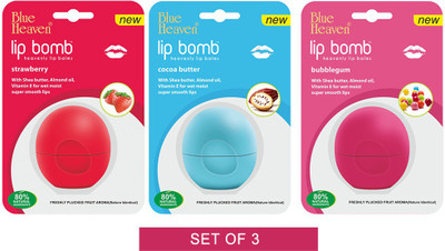 Blue Heaven Lip Bomb - Cocoa Butter, Strawberry & Bubble Gum Lip Balm Cocoa Butter, Bubble Gum & Strawberry(Pack of: 3, 8 g)