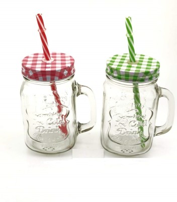 miRim Glass Mason Jar with Straw , Mocktail jar/Smoothie jar/Juice Jar Glass Mason Jar(430 ml, Pack of 2)
