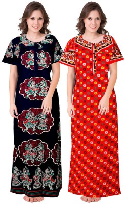 Khushi Print Women Nighty Set(Red, Dark Blue)