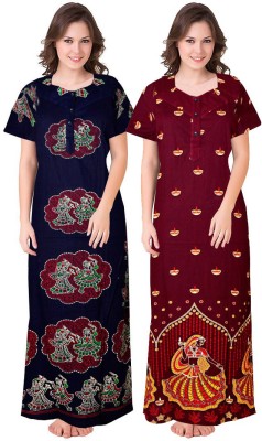 Khushi Print Women Nighty(Blue, Maroon)