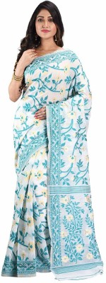 Desh Bidesh Self Design, Embroidered, Woven, Embellished Jamdani Handloom Cotton Blend, Pure Silk Saree(White, Blue)
