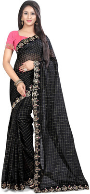 Vinayak Textile Checkered Bollywood Cotton Blend, Chanderi Saree(Black)