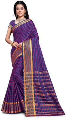 TINA FASHION Checkered Daily Wear Cotton Silk Saree(Blue)