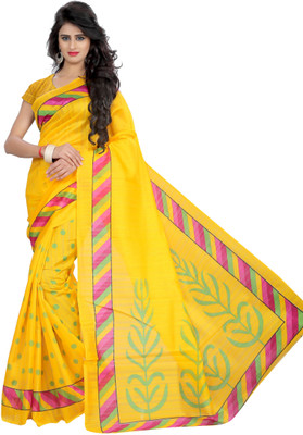 Grubstaker Printed Daily Wear Silk Blend Saree(Yellow)