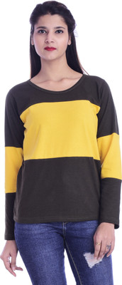 BASE 41 Colorblock Women Round Neck Green, Yellow T-Shirt